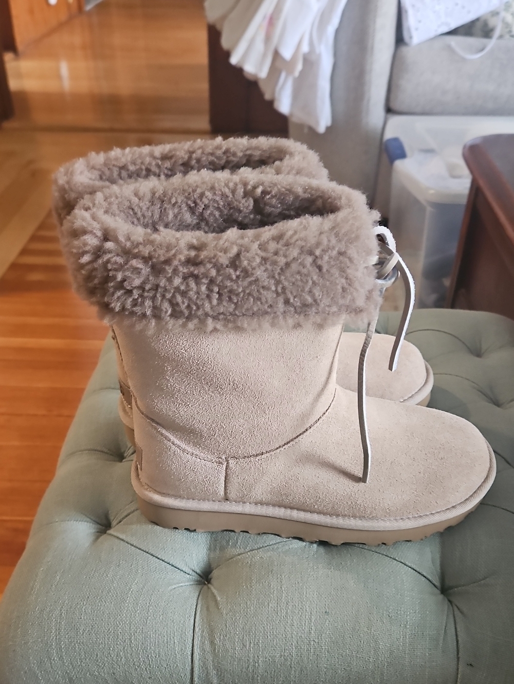 UGG Women's Short Shearling-Trim Suede Boots in Taupe